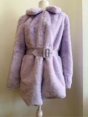 Wayf Lavender Faux Fur Belted Teddy Jacket